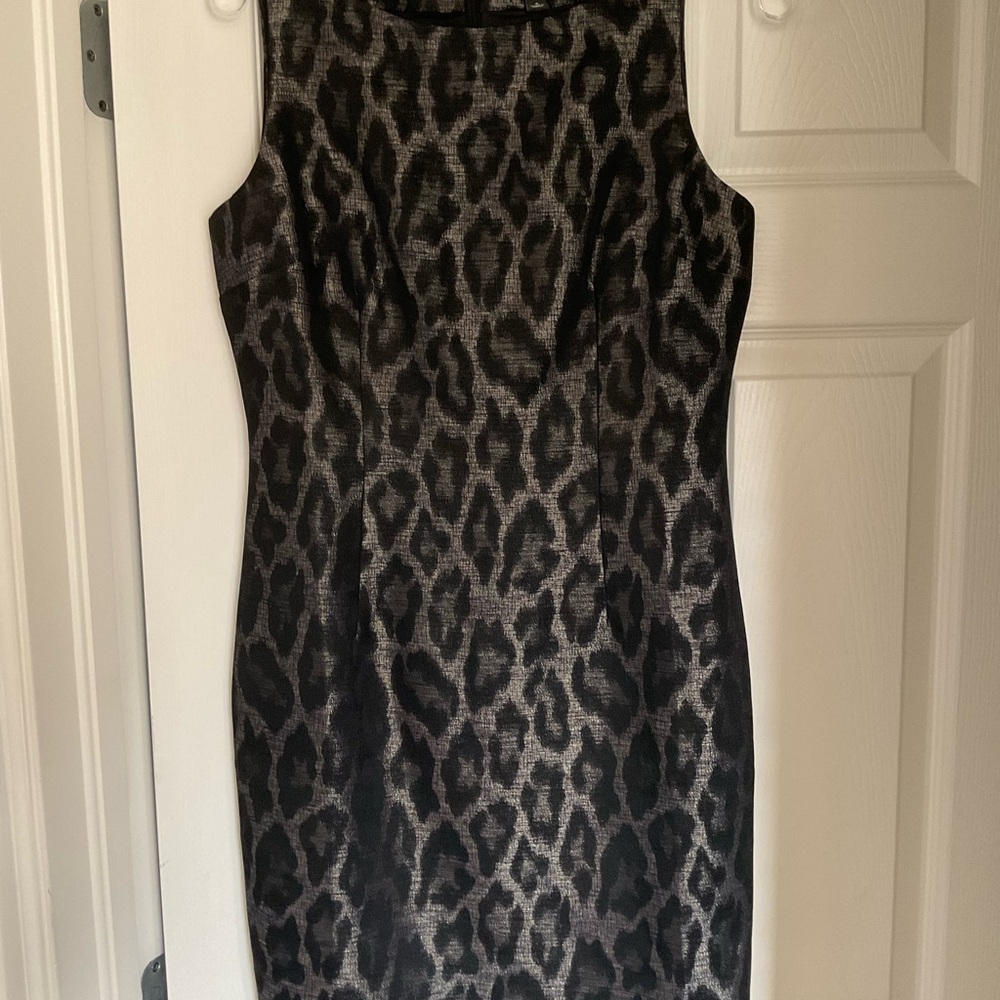 Ann Taylor Leopard Print Sheath dress. Black and silver metallic fabric. Size 4